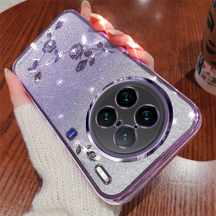 KADEM For vivo X90 Pro+ 5G Rhinestone Decor Flower Pattern Soft TPU Protective Cover Glitter Powder Drop-proof Case - Purple