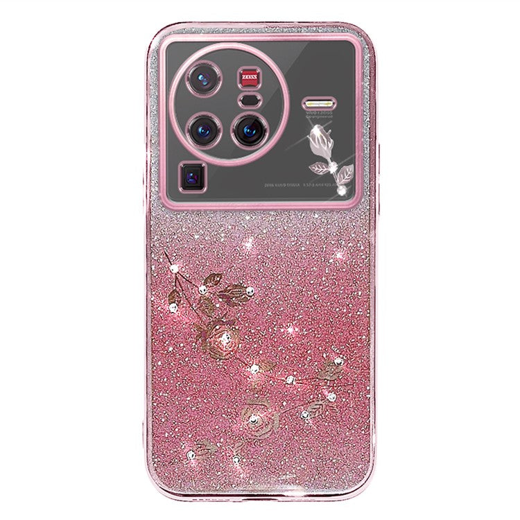 KADEM For vivo X80 Pro 5G Gradient Glitter Powder TPU Protective Cover Stylish Rhinestone Decor Flower Pattern Phone Back Case - Rose Gold