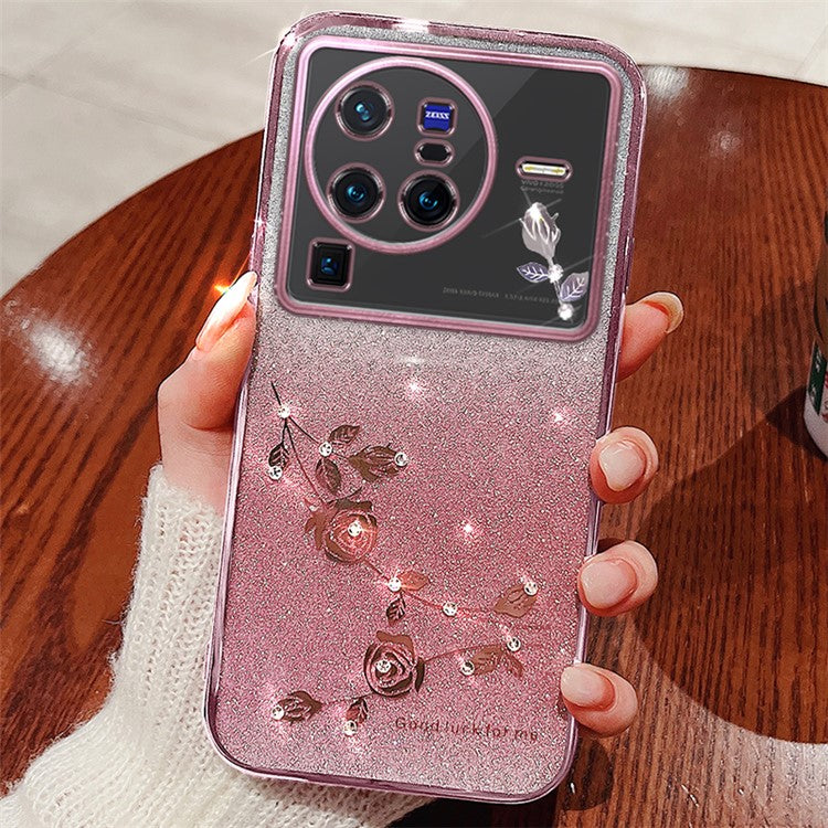 KADEM For vivo X80 Pro 5G Gradient Glitter Powder TPU Protective Cover Stylish Rhinestone Decor Flower Pattern Phone Back Case - Rose Gold