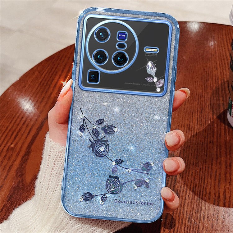 KADEM For vivo X80 Pro 5G Gradient Glitter Powder TPU Protective Cover Stylish Rhinestone Decor Flower Pattern Phone Back Case - Blue