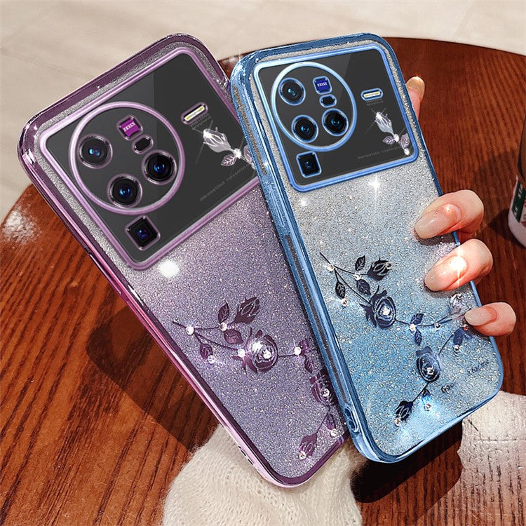 KADEM For vivo X80 Pro 5G Gradient Glitter Powder TPU Protective Cover Stylish Rhinestone Decor Flower Pattern Phone Back Case - Blue