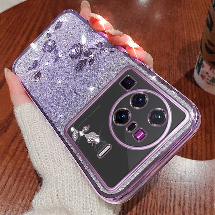 KADEM For vivo X80 Pro 5G Gradient Glitter Powder TPU Protective Cover Stylish Rhinestone Decor Flower Pattern Phone Back Case - Purple