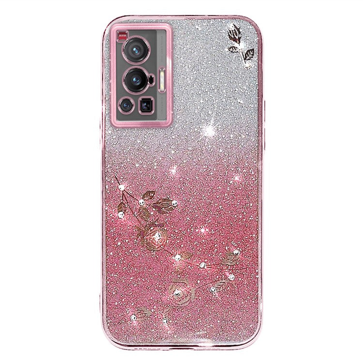 KADEM For vivo X70 Pro Rhinestone Decor Flower Pattern TPU Protective Case Gradient Glitter Powder Phone Anti-scratch Cover - Rose Gold