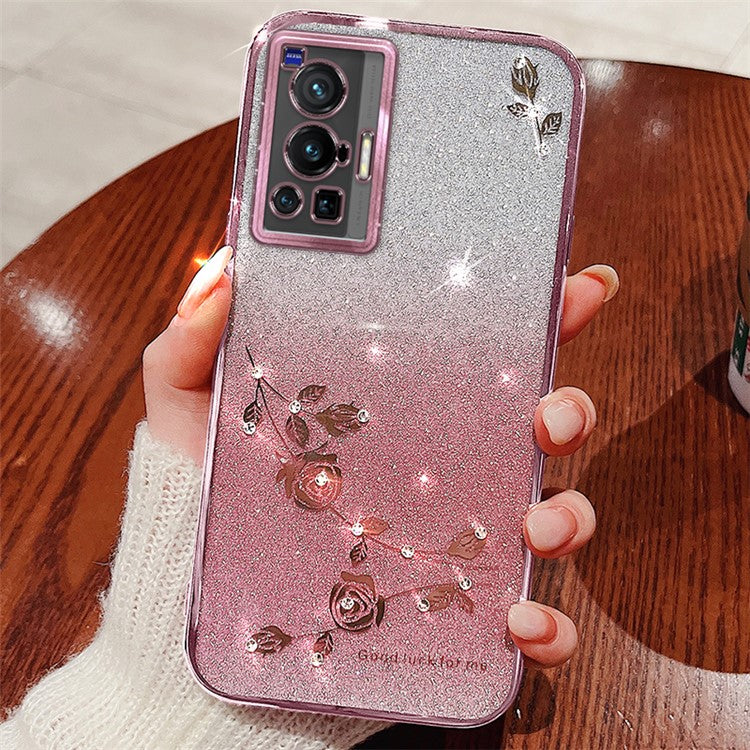 KADEM For vivo X70 Pro Rhinestone Decor Flower Pattern TPU Protective Case Gradient Glitter Powder Phone Anti-scratch Cover - Rose Gold