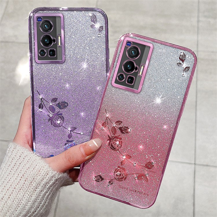 KADEM For vivo X70 Pro Rhinestone Decor Flower Pattern TPU Protective Case Gradient Glitter Powder Phone Anti-scratch Cover - Rose Gold