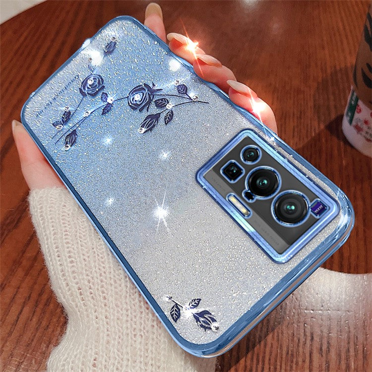 KADEM For vivo X70 Pro Rhinestone Decor Flower Pattern TPU Protective Case Gradient Glitter Powder Phone Anti-scratch Cover - Blue