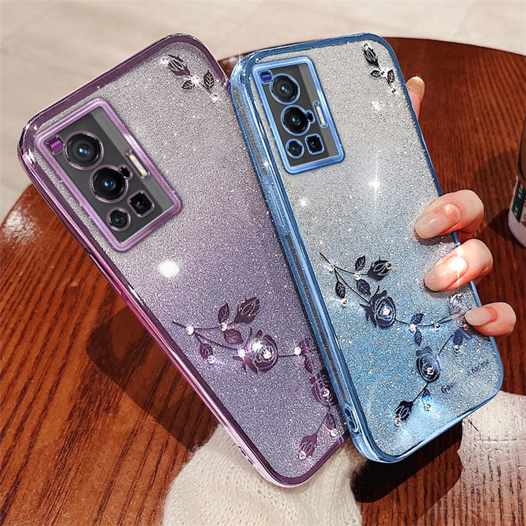 KADEM For vivo X70 Pro Rhinestone Decor Flower Pattern TPU Protective Case Gradient Glitter Powder Phone Anti-scratch Cover - Blue