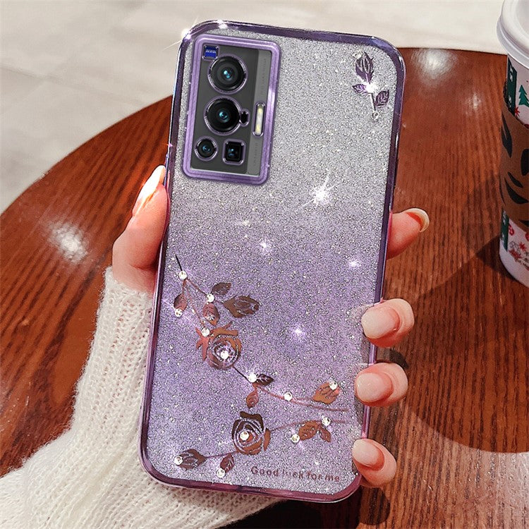 KADEM For vivo X70 Pro Rhinestone Decor Flower Pattern TPU Protective Case Gradient Glitter Powder Phone Anti-scratch Cover - Purple