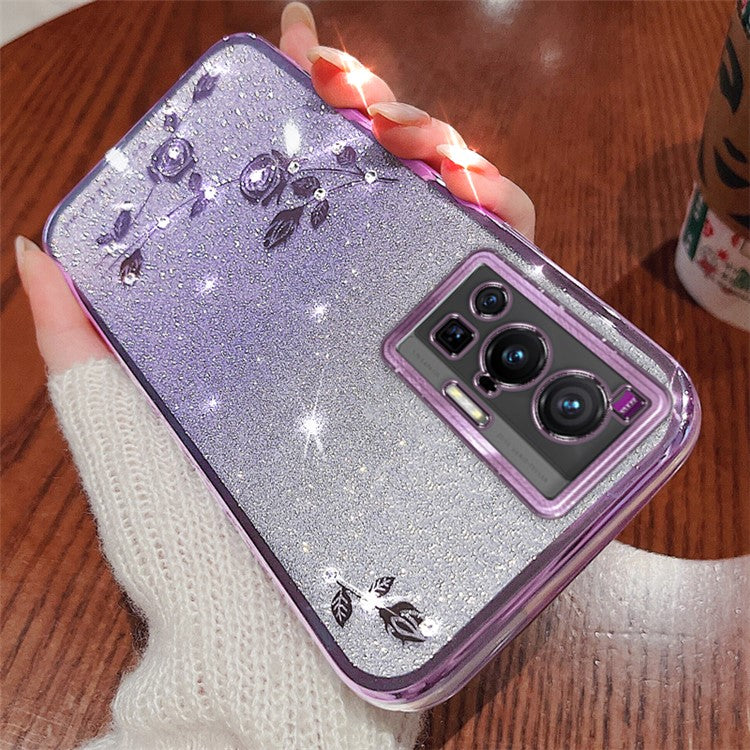 KADEM For vivo X70 Pro Rhinestone Decor Flower Pattern TPU Protective Case Gradient Glitter Powder Phone Anti-scratch Cover - Purple