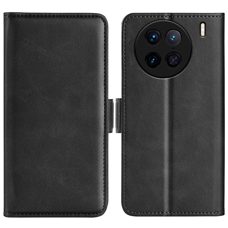 For vivo X90 Pro 5G Calf Texture Stand Phone Case PU Leather Dual Magnetic Clasp Wallet Drop Protection Phone Cover - Black