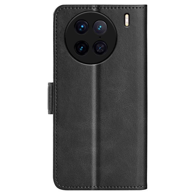 For vivo X90 Pro 5G Calf Texture Stand Phone Case PU Leather Dual Magnetic Clasp Wallet Drop Protection Phone Cover - Black