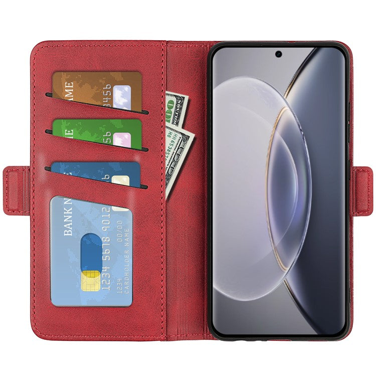 For vivo X90 Pro 5G Calf Texture Stand Phone Case PU Leather Dual Magnetic Clasp Wallet Drop Protection Phone Cover - Red