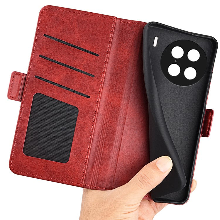 For vivo X90 Pro 5G Calf Texture Stand Phone Case PU Leather Dual Magnetic Clasp Wallet Drop Protection Phone Cover - Red