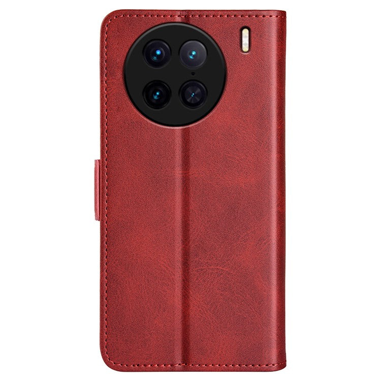 For vivo X90 Pro 5G Calf Texture Stand Phone Case PU Leather Dual Magnetic Clasp Wallet Drop Protection Phone Cover - Red