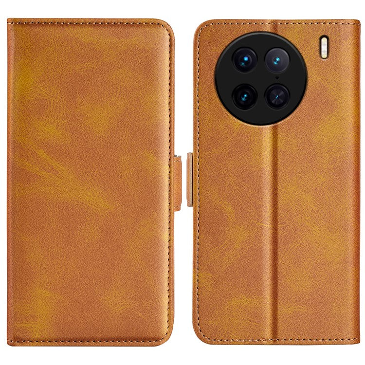 For vivo X90 Pro 5G Calf Texture Stand Phone Case PU Leather Dual Magnetic Clasp Wallet Drop Protection Phone Cover - Yellow