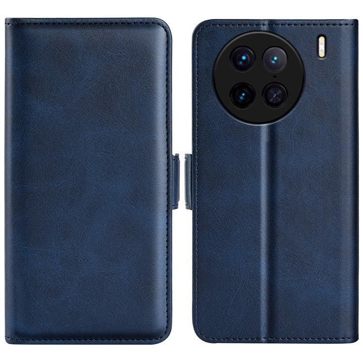 For vivo X90 Pro 5G Calf Texture Stand Phone Case PU Leather Dual Magnetic Clasp Wallet Drop Protection Phone Cover - Blue