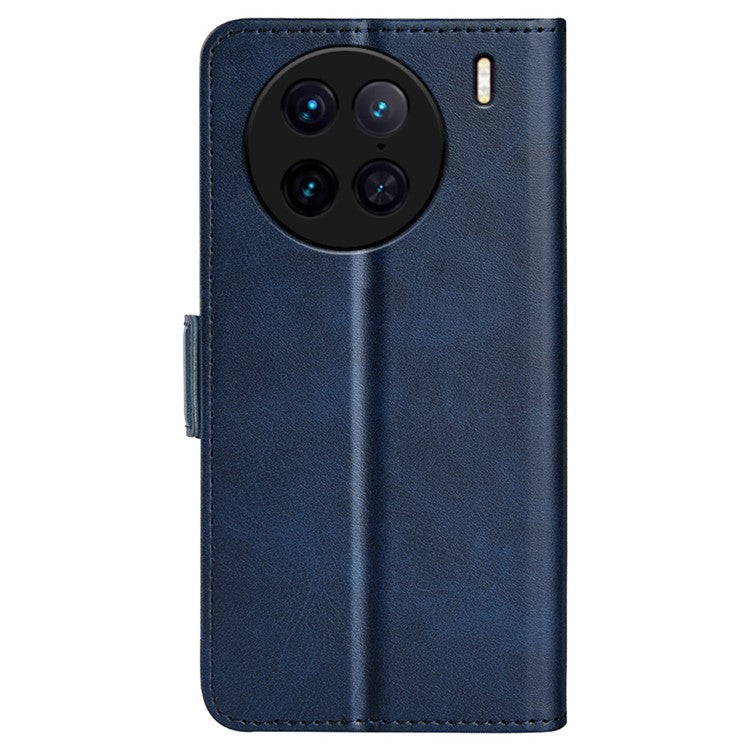 For vivo X90 Pro 5G Calf Texture Stand Phone Case PU Leather Dual Magnetic Clasp Wallet Drop Protection Phone Cover - Blue