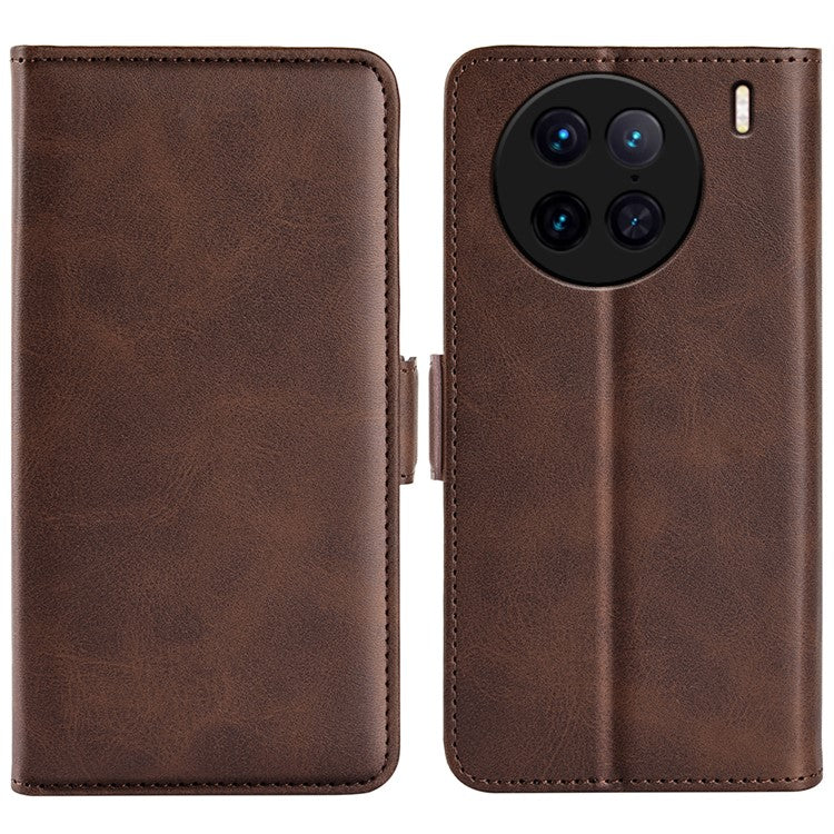 For vivo X90 Pro 5G Calf Texture Stand Phone Case PU Leather Dual Magnetic Clasp Wallet Drop Protection Phone Cover - Brown