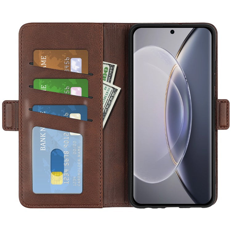 For vivo X90 Pro 5G Calf Texture Stand Phone Case PU Leather Dual Magnetic Clasp Wallet Drop Protection Phone Cover - Brown