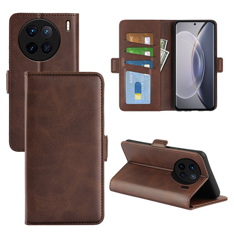 For vivo X90 Pro 5G Calf Texture Stand Phone Case PU Leather Dual Magnetic Clasp Wallet Drop Protection Phone Cover - Brown