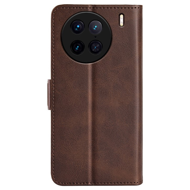 For vivo X90 Pro 5G Calf Texture Stand Phone Case PU Leather Dual Magnetic Clasp Wallet Drop Protection Phone Cover - Brown