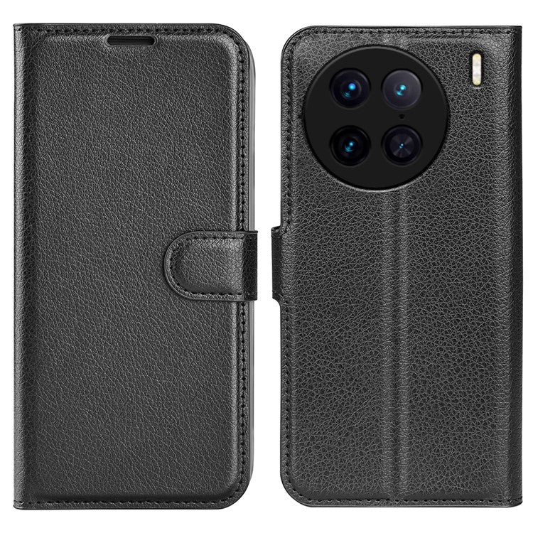 For vivo X90 Pro 5G Full Protection Flip Phone Case Anti-scratch Litchi Texture PU Leather Stand Wallet Phone Cover - Black