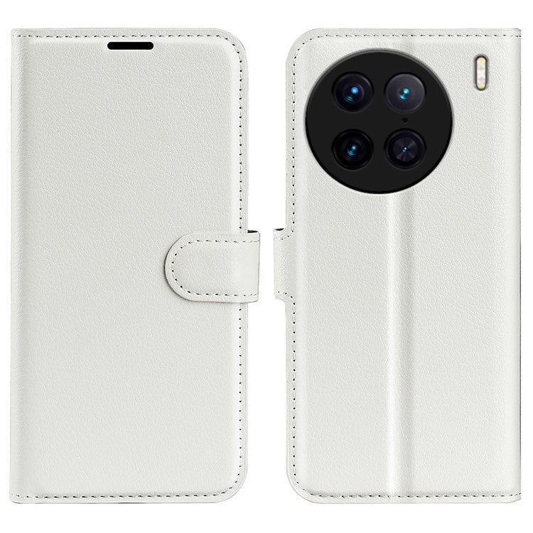 For vivo X90 Pro 5G Full Protection Flip Phone Case Anti-scratch Litchi Texture PU Leather Stand Wallet Phone Cover - White