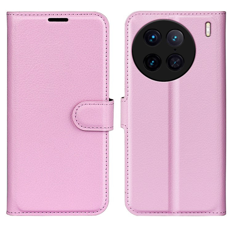 For vivo X90 Pro 5G Full Protection Flip Phone Case Anti-scratch Litchi Texture PU Leather Stand Wallet Phone Cover - Pink