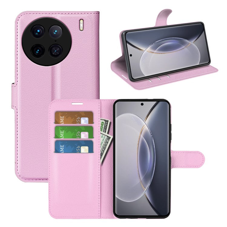 For vivo X90 Pro 5G Full Protection Flip Phone Case Anti-scratch Litchi Texture PU Leather Stand Wallet Phone Cover - Pink