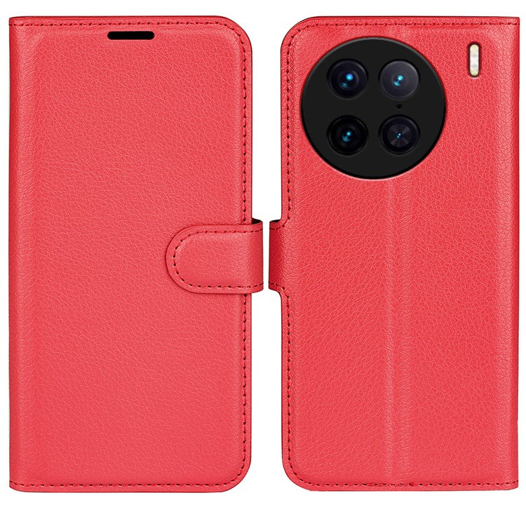 For vivo X90 Pro 5G Full Protection Flip Phone Case Anti-scratch Litchi Texture PU Leather Stand Wallet Phone Cover - Red