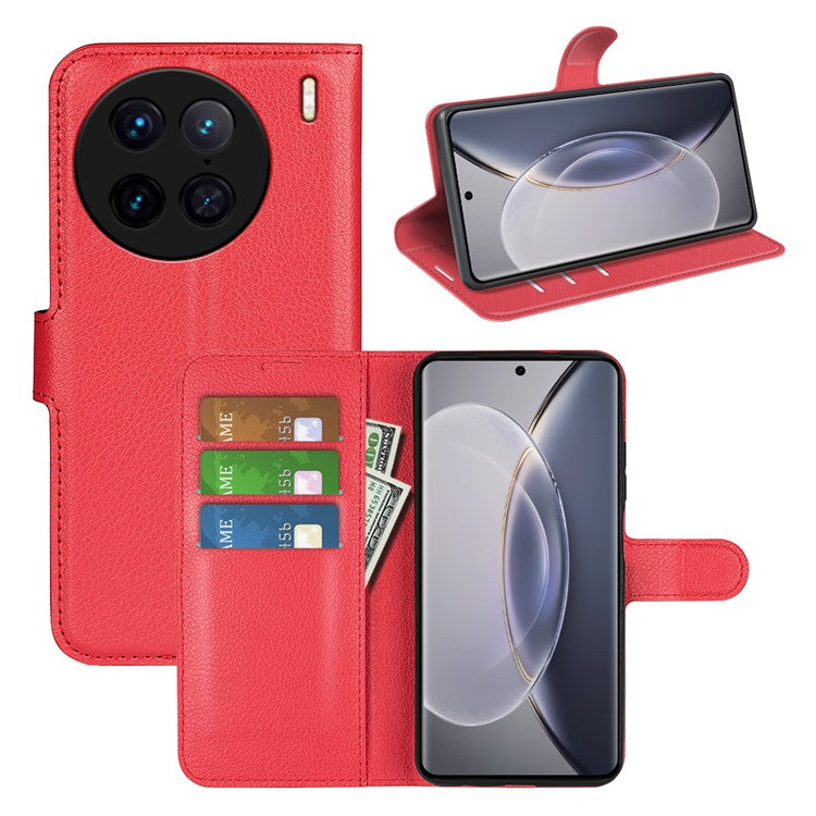 For vivo X90 Pro 5G Full Protection Flip Phone Case Anti-scratch Litchi Texture PU Leather Stand Wallet Phone Cover - Red