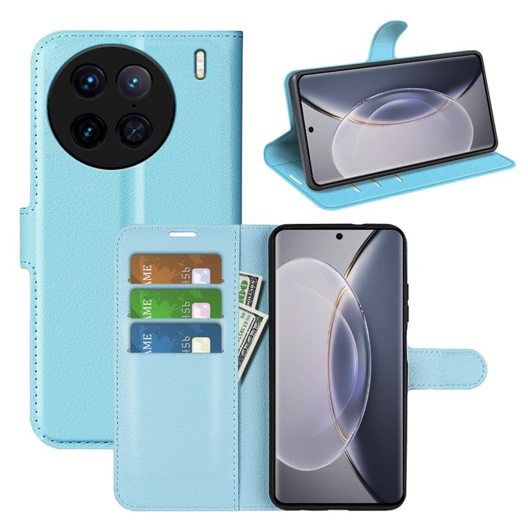 For vivo X90 Pro 5G Full Protection Flip Phone Case Anti-scratch Litchi Texture PU Leather Stand Wallet Phone Cover - Blue