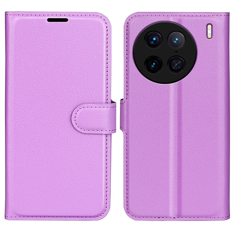 For vivo X90 Pro 5G Full Protection Flip Phone Case Anti-scratch Litchi Texture PU Leather Stand Wallet Phone Cover - Purple