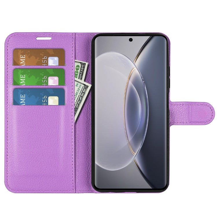 For vivo X90 Pro 5G Full Protection Flip Phone Case Anti-scratch Litchi Texture PU Leather Stand Wallet Phone Cover - Purple