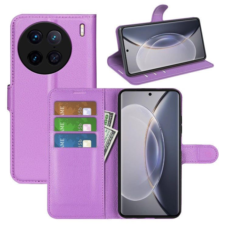 For vivo X90 Pro 5G Full Protection Flip Phone Case Anti-scratch Litchi Texture PU Leather Stand Wallet Phone Cover - Purple