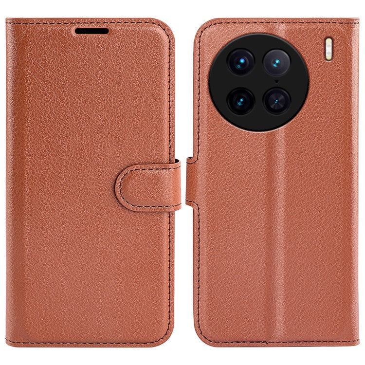 For vivo X90 Pro 5G Full Protection Flip Phone Case Anti-scratch Litchi Texture PU Leather Stand Wallet Phone Cover - Brown