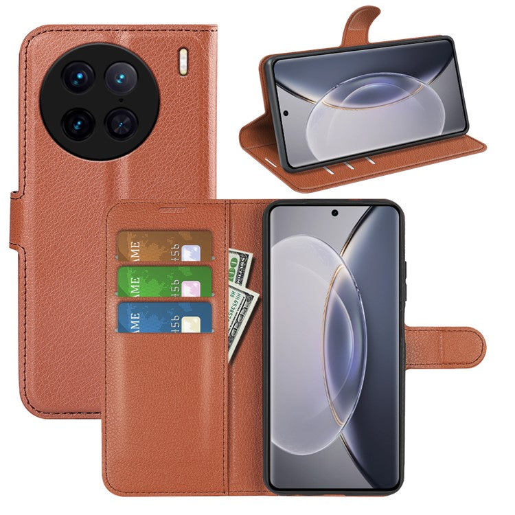 For vivo X90 Pro 5G Full Protection Flip Phone Case Anti-scratch Litchi Texture PU Leather Stand Wallet Phone Cover - Brown