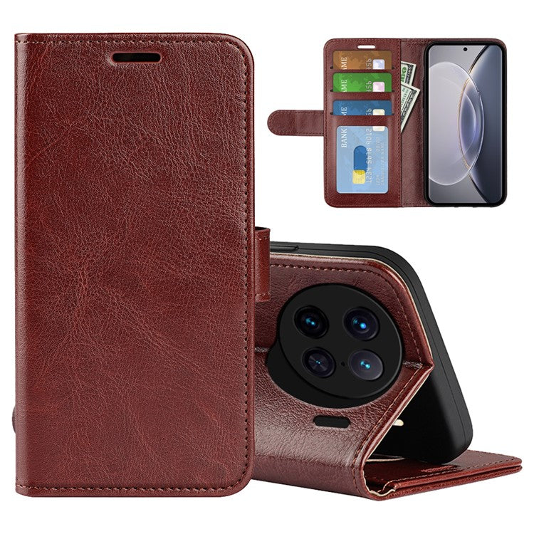 For vivo X90 Pro 5G Drop Protection Crazy Horse Texture Flip Stand Phone Case PU Leather+TPU Phone Wallet Cover - Brown