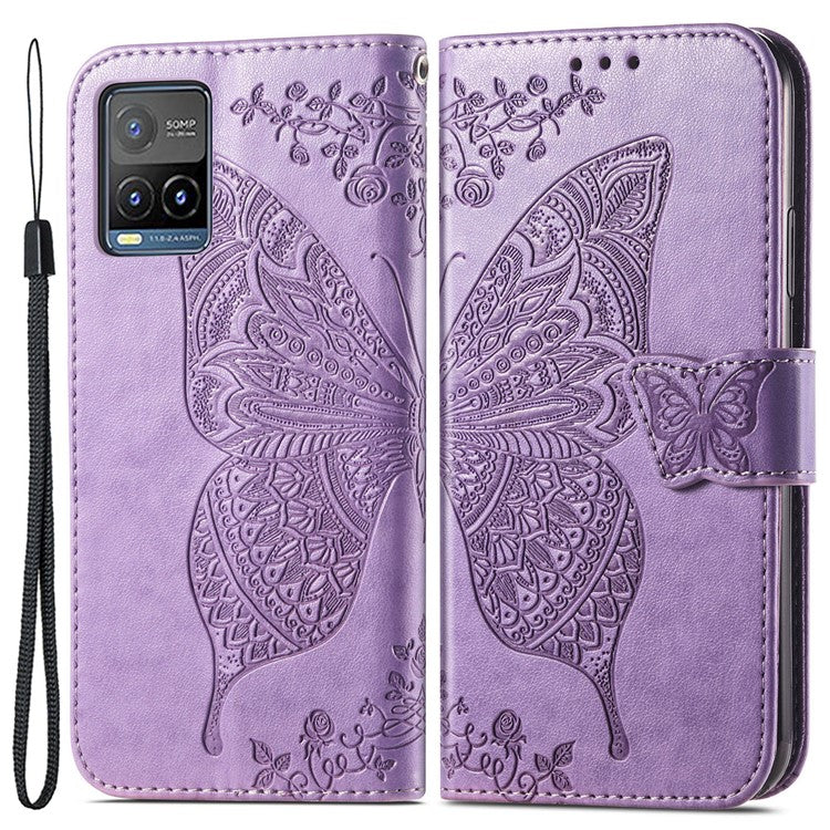 For vivo Y21 / Y21s / Y33s Anti-drop PU Leather Phone Case Imprinted Butterfly Pattern Stand Wallet Cell Phone Cover - Light Purple