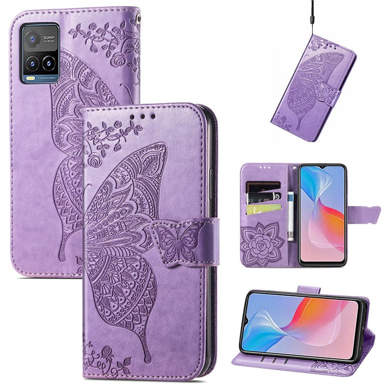 For vivo Y21 / Y21s / Y33s Anti-drop PU Leather Phone Case Imprinted Butterfly Pattern Stand Wallet Cell Phone Cover - Light Purple