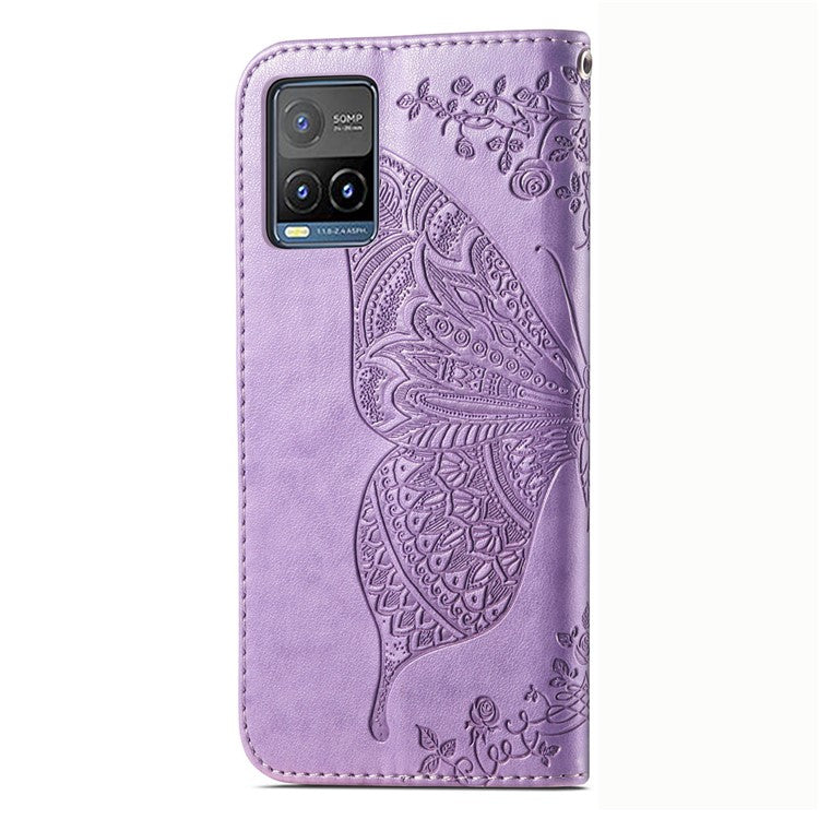 For vivo Y21 / Y21s / Y33s Anti-drop PU Leather Phone Case Imprinted Butterfly Pattern Stand Wallet Cell Phone Cover - Light Purple