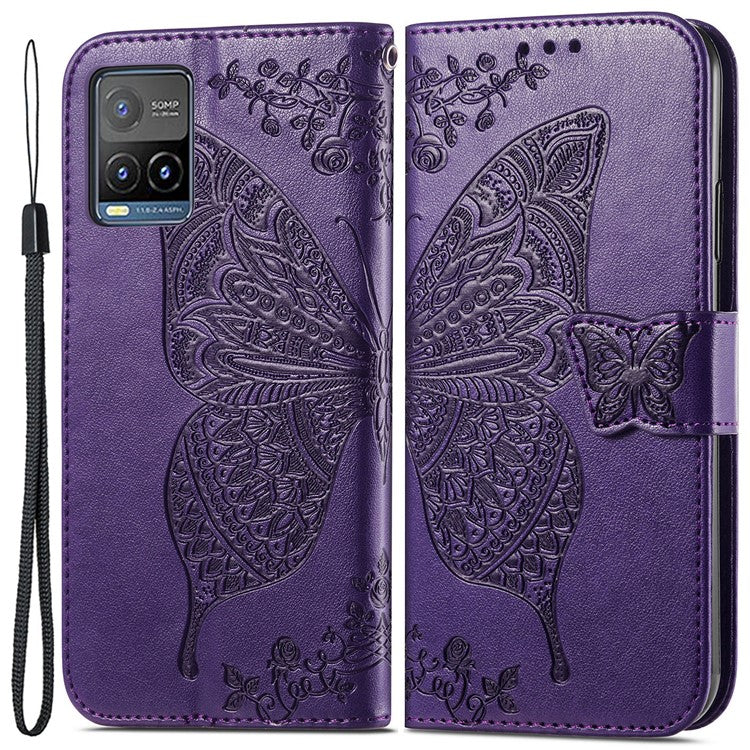 For vivo Y21 / Y21s / Y33s Anti-drop PU Leather Phone Case Imprinted Butterfly Pattern Stand Wallet Cell Phone Cover - Purple