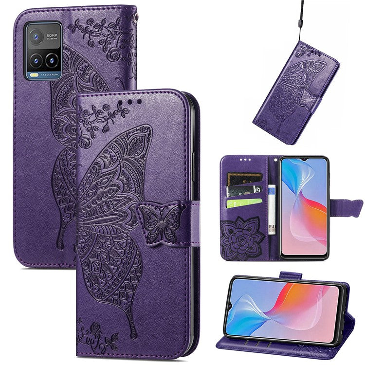 For vivo Y21 / Y21s / Y33s Anti-drop PU Leather Phone Case Imprinted Butterfly Pattern Stand Wallet Cell Phone Cover - Purple