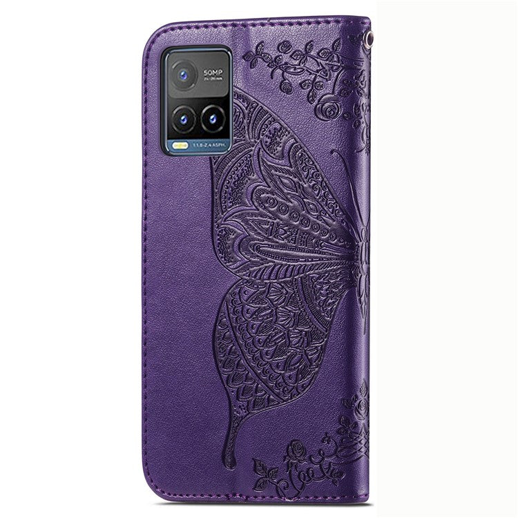 For vivo Y21 / Y21s / Y33s Anti-drop PU Leather Phone Case Imprinted Butterfly Pattern Stand Wallet Cell Phone Cover - Purple