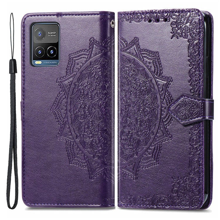 For vivo Y21 / Y21s / Y33s Drop-Proof Phone Case Stand Wallet Embossed Mandala Pattern PU Leather Cell Phone Cover - Purple