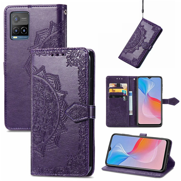 For vivo Y21 / Y21s / Y33s Drop-Proof Phone Case Stand Wallet Embossed Mandala Pattern PU Leather Cell Phone Cover - Purple