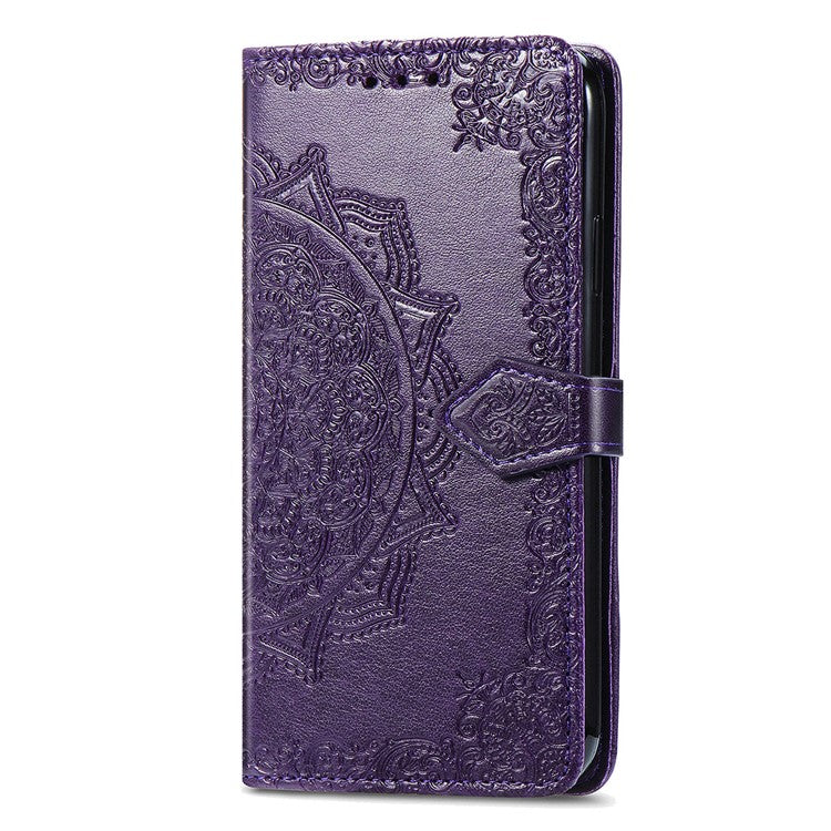 For vivo Y21 / Y21s / Y33s Drop-Proof Phone Case Stand Wallet Embossed Mandala Pattern PU Leather Cell Phone Cover - Purple