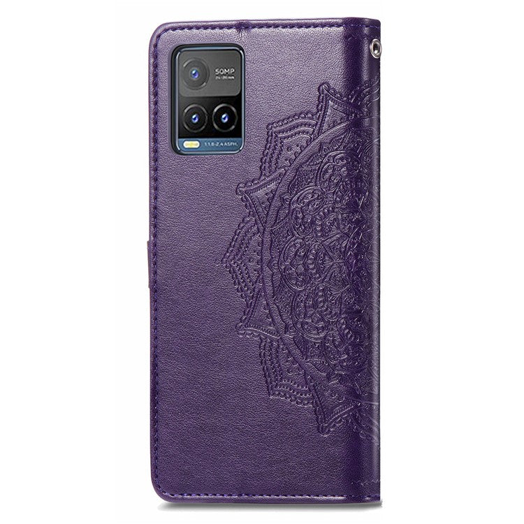 For vivo Y21 / Y21s / Y33s Drop-Proof Phone Case Stand Wallet Embossed Mandala Pattern PU Leather Cell Phone Cover - Purple