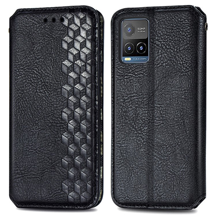 For vivo Y21 4G / Y21s / Y33s Imprinting Rhombus Magnetic Auto-Absorbed Leather Phone Case Stand Wallet Flip Cover - Black