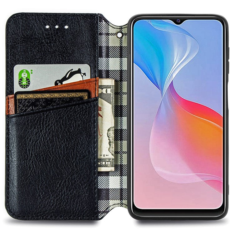 For vivo Y21 4G / Y21s / Y33s Imprinting Rhombus Magnetic Auto-Absorbed Leather Phone Case Stand Wallet Flip Cover - Black